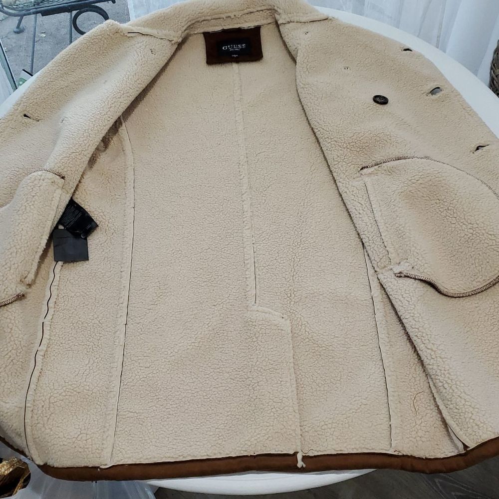 GUESS MENS FAUX-SHEARLING COGNAC OVERCOAT SIZE M NWOT-NEW WITHOUT TAGS - Picture 5 of 14